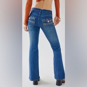 BDG Low Rise Flare Denim Jeweled Flap Pockets Indigo Blue